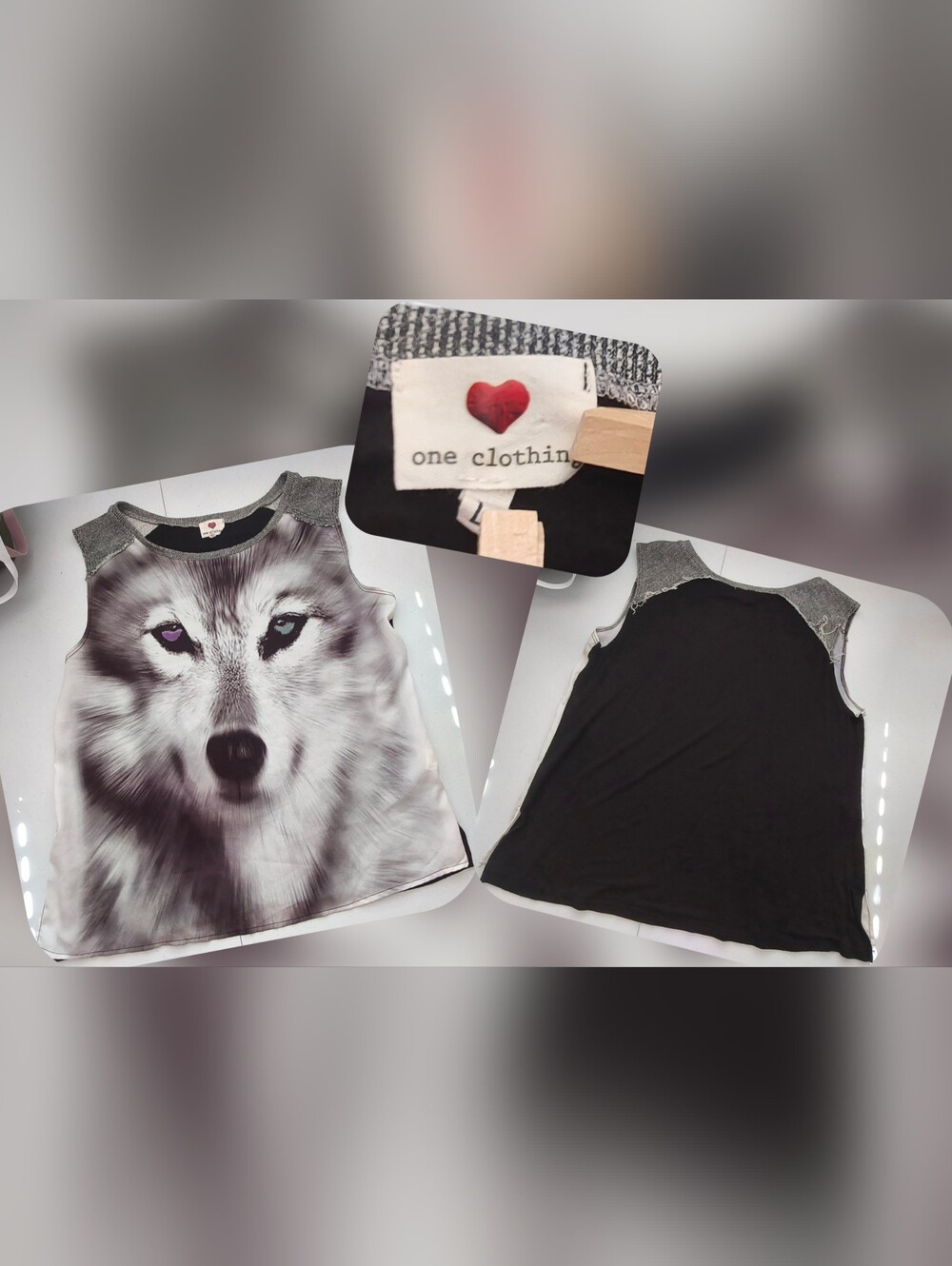 one clothing Black & Grey Wolf Face Tank Top Size Lg